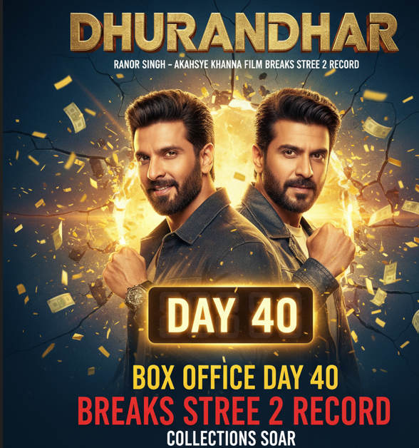 Dhurandhar box office Day 40 poster featuring Ranveer Singh and Akshaye Khanna after breaking the Stree 2 week 6 collection record